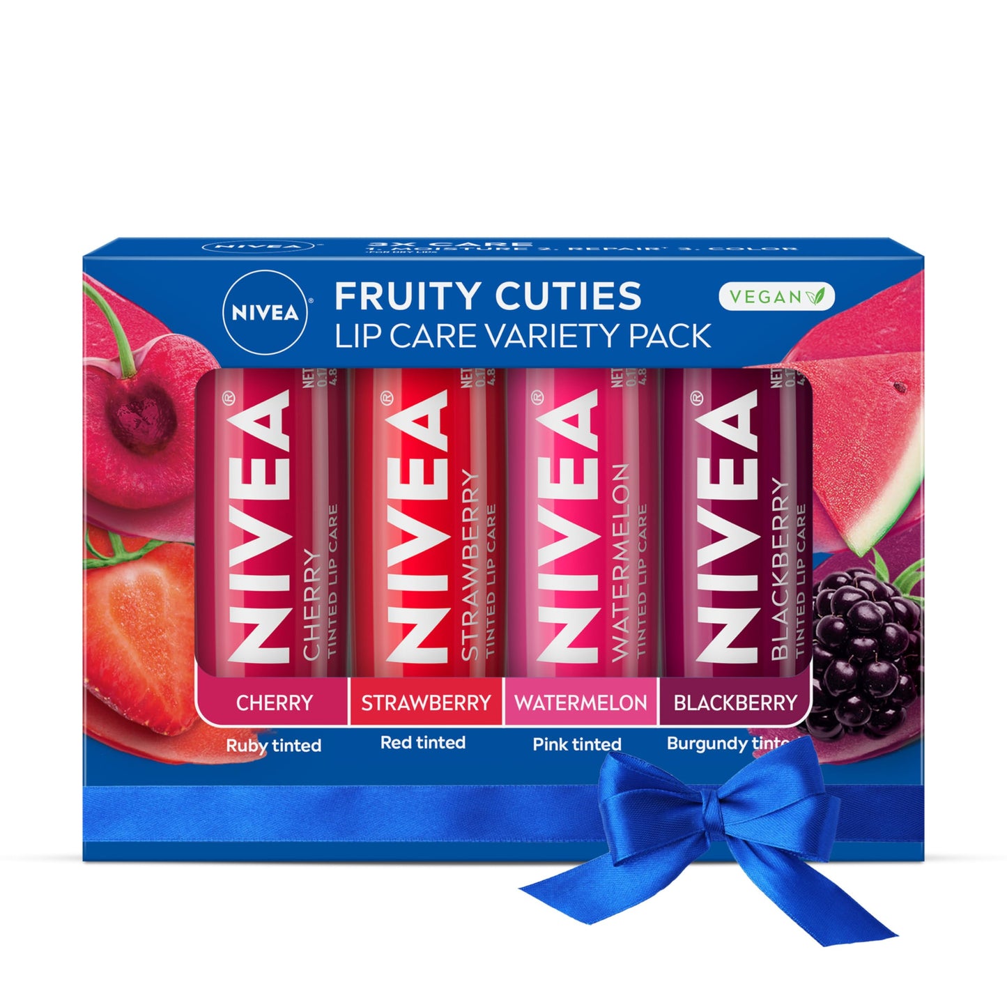 NIVEA Lip Care, Fruity Tinted Lip Balm Variety Pack, Cherry, Strawberry, Blackberry and Watermelon Flavors, 3-in-1 Moisture, Repair and Color, 0.17 Oz