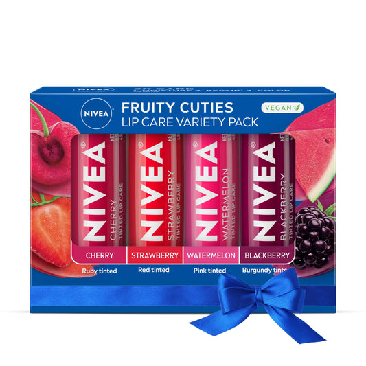 NIVEA Lip Care, Fruity Tinted Lip Balm Variety Pack, Cherry, Strawberry, Blackberry and Watermelon Flavors, 3-in-1 Moisture, Repair and Color, 0.17 Oz
