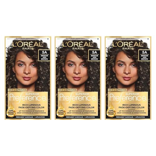 L'Oreal Paris Superior Preference Fade-Defying + Shine Permanent Hair Color, 5A Ash Brown, Pack of 3, Hair Dye