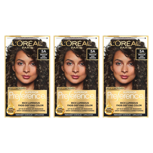 L'Oreal Paris Superior Preference Fade-Defying + Shine Permanent Hair Color, 5A Ash Brown, Pack of 3, Hair Dye