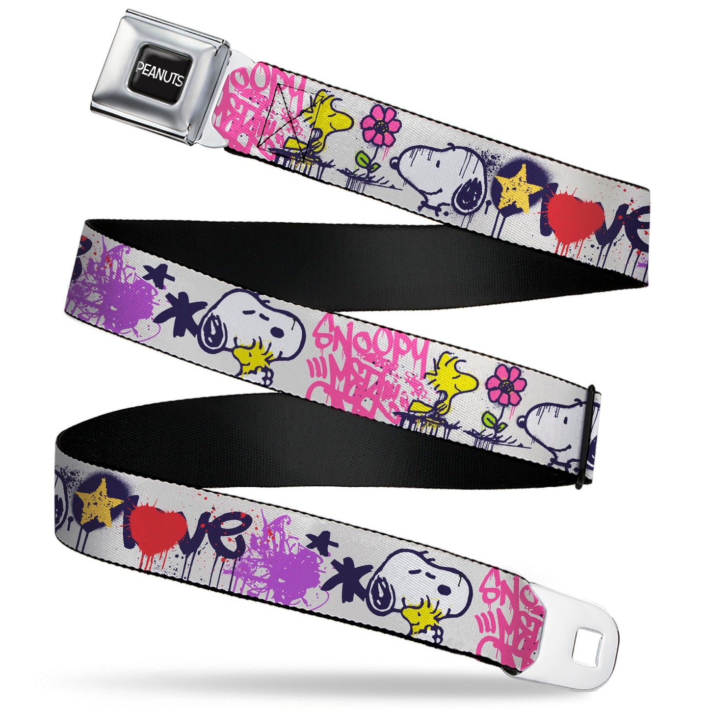 Peanuts Belt, Seatbelt Buckle Belt, Peanuts Snoopy and Woodstock Graffiti Collage Multi Color, Youth 20 to 36 Inches