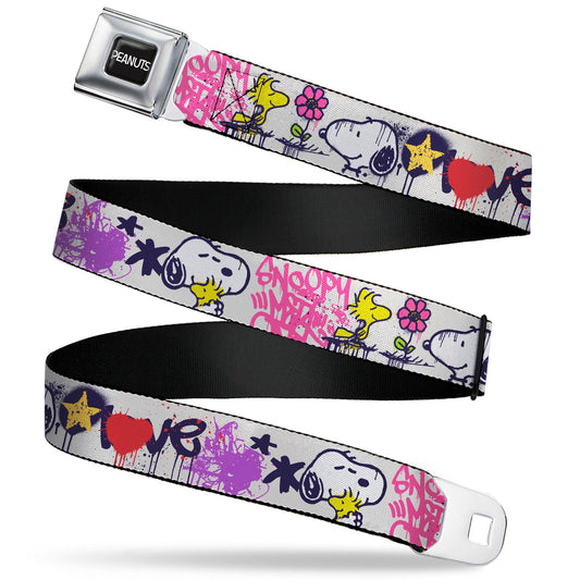 Peanuts Belt, Seatbelt Buckle Belt, Peanuts Snoopy and Woodstock Graffiti Collage Multi Color, Youth 20 to 36 Inches