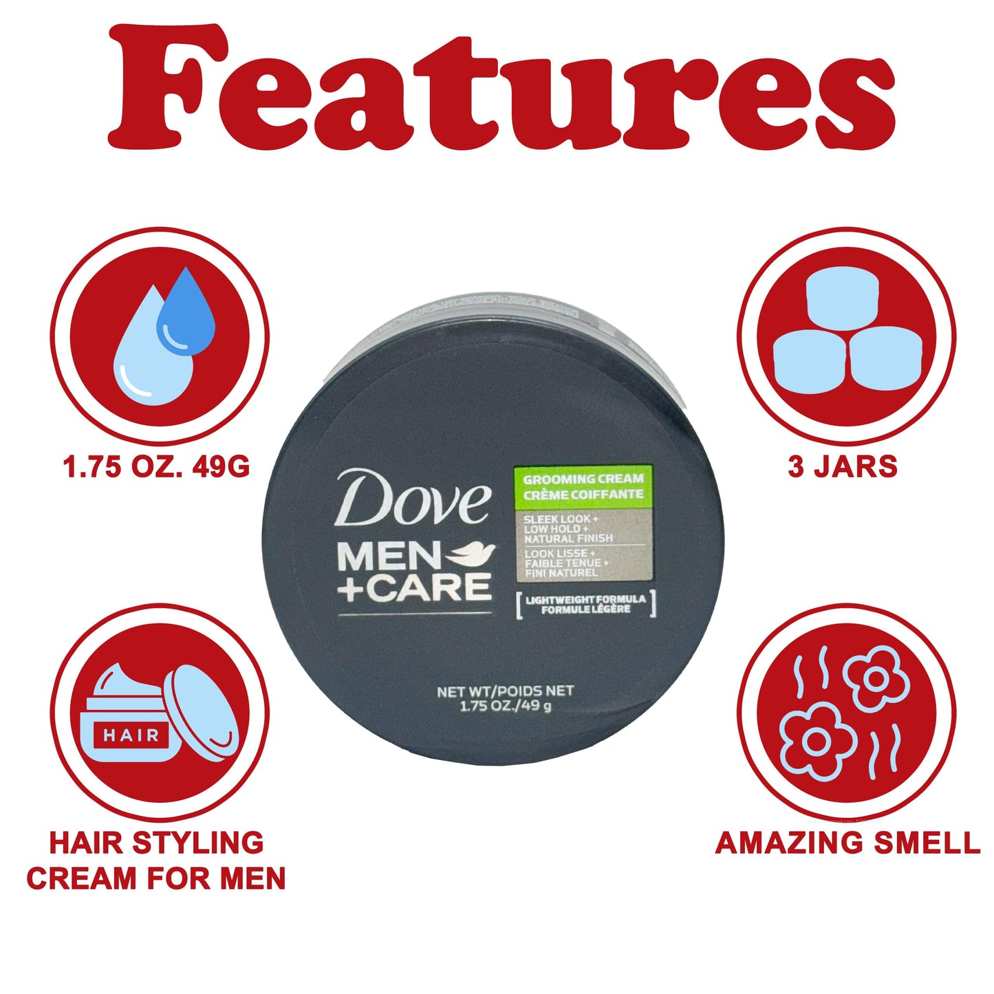 Dove Men+Care Grooming Cream, 3 Pack Hair Styling Cream for Men, Lightweight Formula, Defines and Conditions with Low Hold for Easy Styling