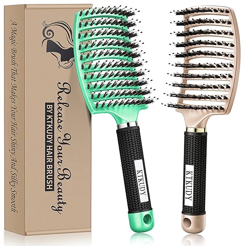 KTKUDY Detangling Brush Getting Knots Out without Pain - Boar Bristles HairBrush Make Hair Shiny & Healthier Vented Detangler Brush for Women Men Kids