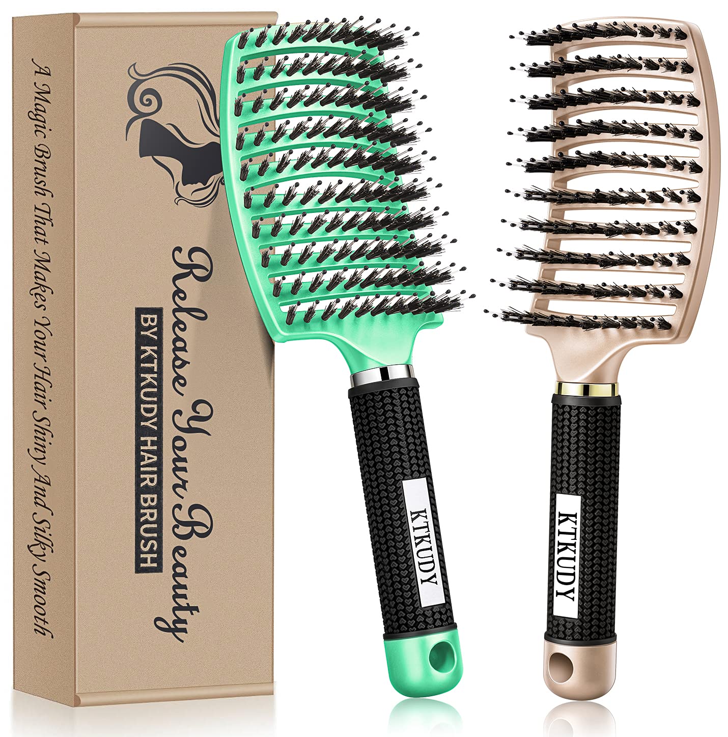 KTKUDY Detangling Brush Getting Knots Out without Pain - Boar Bristles HairBrush Make Hair Shiny & Healthier Vented Detangler Brush for Women Men Kids
