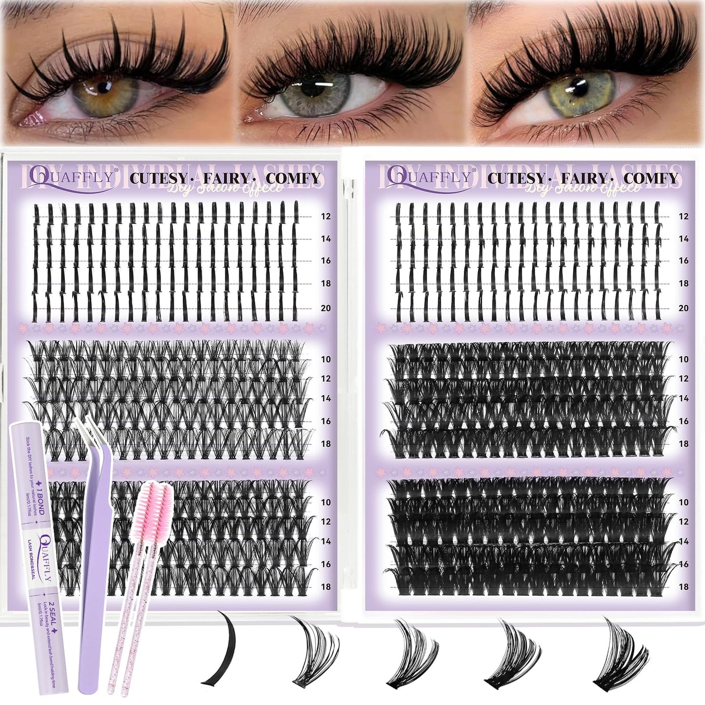 Lash Clusters Kit - 590Pcs Including Spikes Eyelashes & 4 Styles Mixed Set - From Natural to Thick With Lash Bond&Seal/Tweezers/Two Brush Suitable Beauty and Personal Care QUAFFLY Default Title