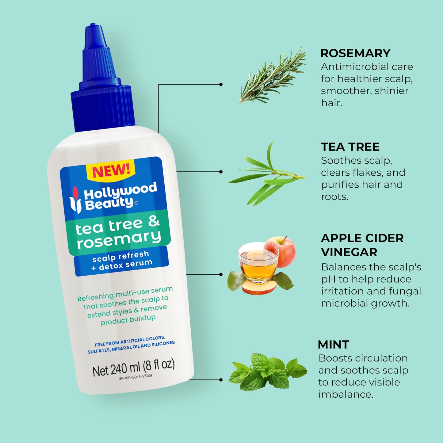 Hollywood Beauty Tea Tree & Rosemary Scalp Refresh + Detox Serum, 8 oz - Soothes the Scalp and Removes Buildup