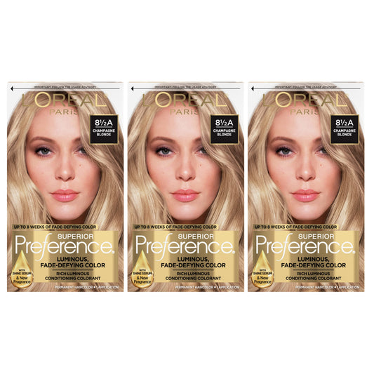 L'Oreal Paris Superior Preference Luminous Fade-Defying Permanent Hair Color, Hair Dye For Up to 9 Weeks of Radiance, Champagne Blonde 8.5A, 1 Hair