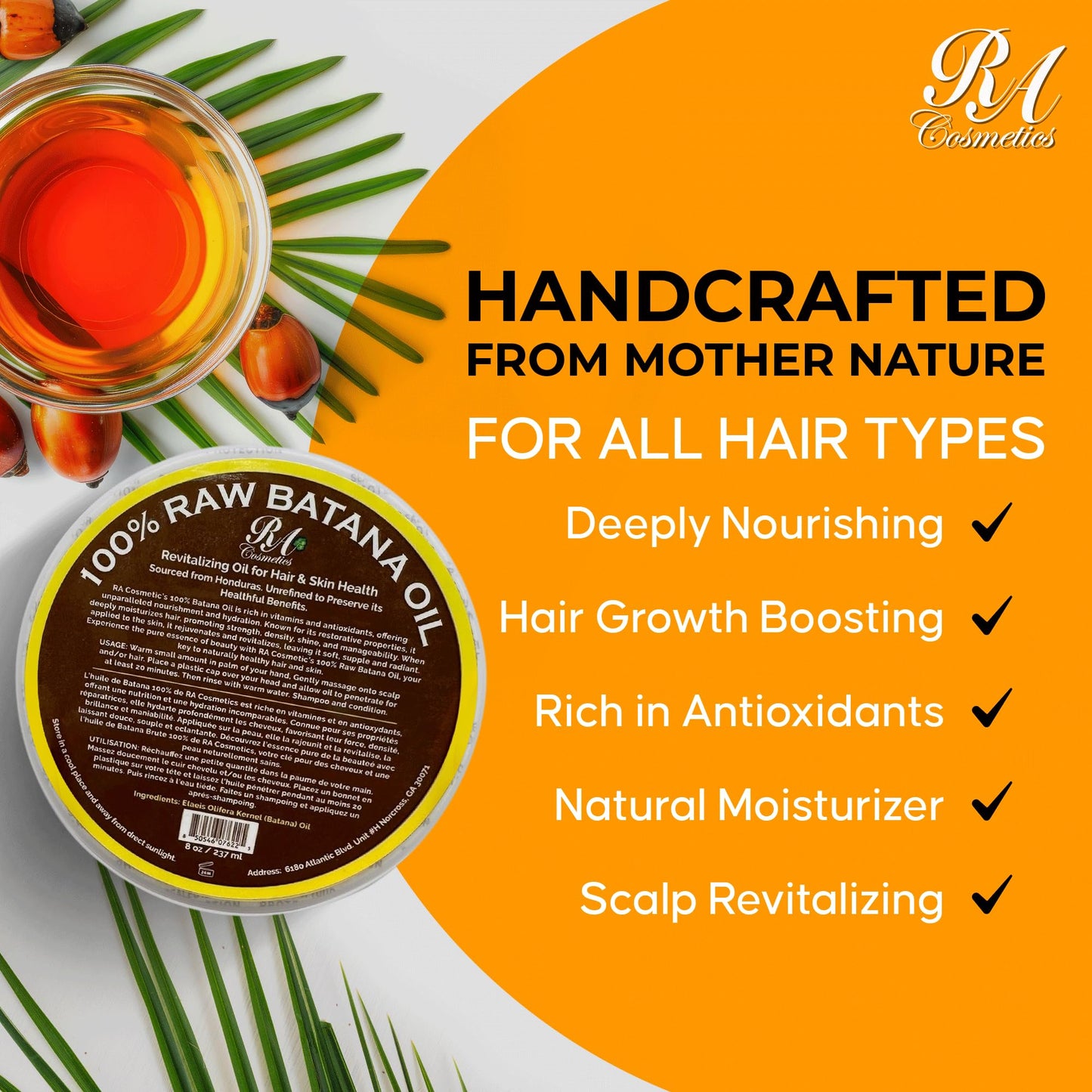 RA COSMETICS 100% Natural Unrefined Batana Hair Oil for Healthy Hair, 16 oz | Dr Sebi Batana Oil Hair Moisturizer for Damaged Hair Repair