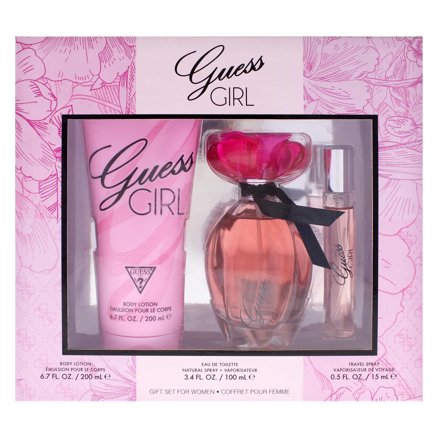 GUESS Girl Eau de Toilette 3 Piece Gift Set - Perfume Spray 3.4 Fl. Oz., Travel Spray 0.5 Fl. Oz., & Body Lotion 6.7 Fl. Oz