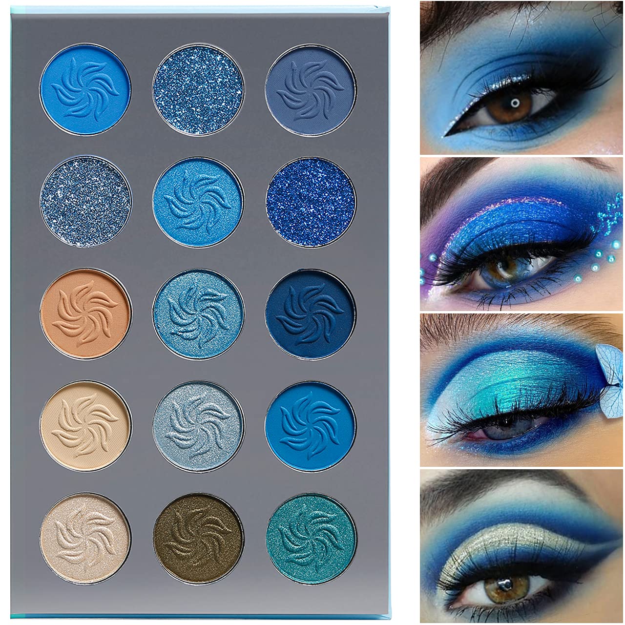 Afflano Blue Eyeshadow Palette Matte Shimmer, Highly Pigmented Waterproof Space Blue Eye Shadow Palette, Silver Navy Glitter Eyeshadow Pallet