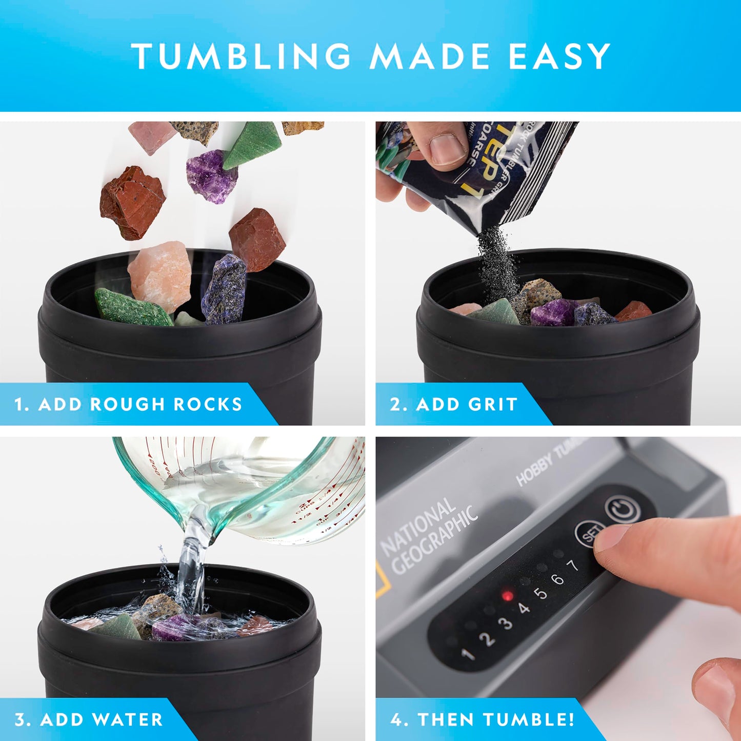 National Geographic Rock Tumbler Kit – Hobby Edition with Gemstones & 4 Polishing Grits, STEM Geology Science Kit & Rock Polisher for Kids & Adults