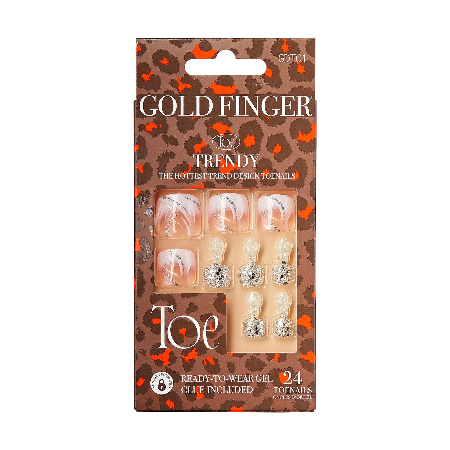 GoldFinger Press On Toenails Regular Fit White Glitter French Design, Squoval Shape, Long Lasting Nail Glue Included, Glue On Toe Nails (Perfect
