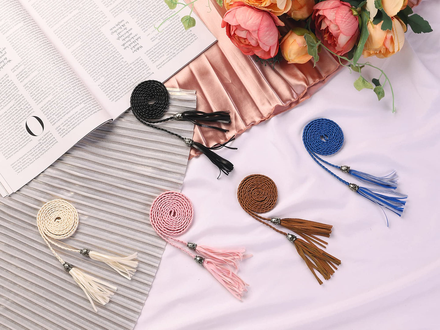 Allegra K Women's Tassel Braided Belts Skinny Woven Waist Belts for Skirt Dress 132 cm/52 inches Black