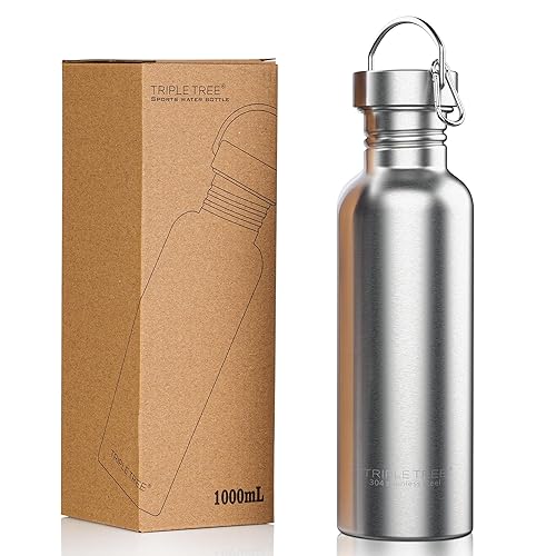 TRIPLE TREE 34 OZ Uninsulated Single Walled Stainless Steel Sports Water Bottle 18/8 Food Grade for Cyclists, Runners, Hikers, Beach Goers, Picnics