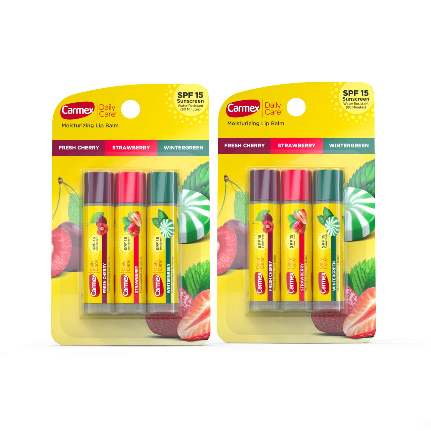 Carmex Daily Care Moisturizing Lip Balm Sticks with SPF, Fresh Cherry, Strawberry and Wintergreen Lip Balm Pack, 0.15 OZ - 3 Count (Pack of 2) Beauty and Personal Care Carmex