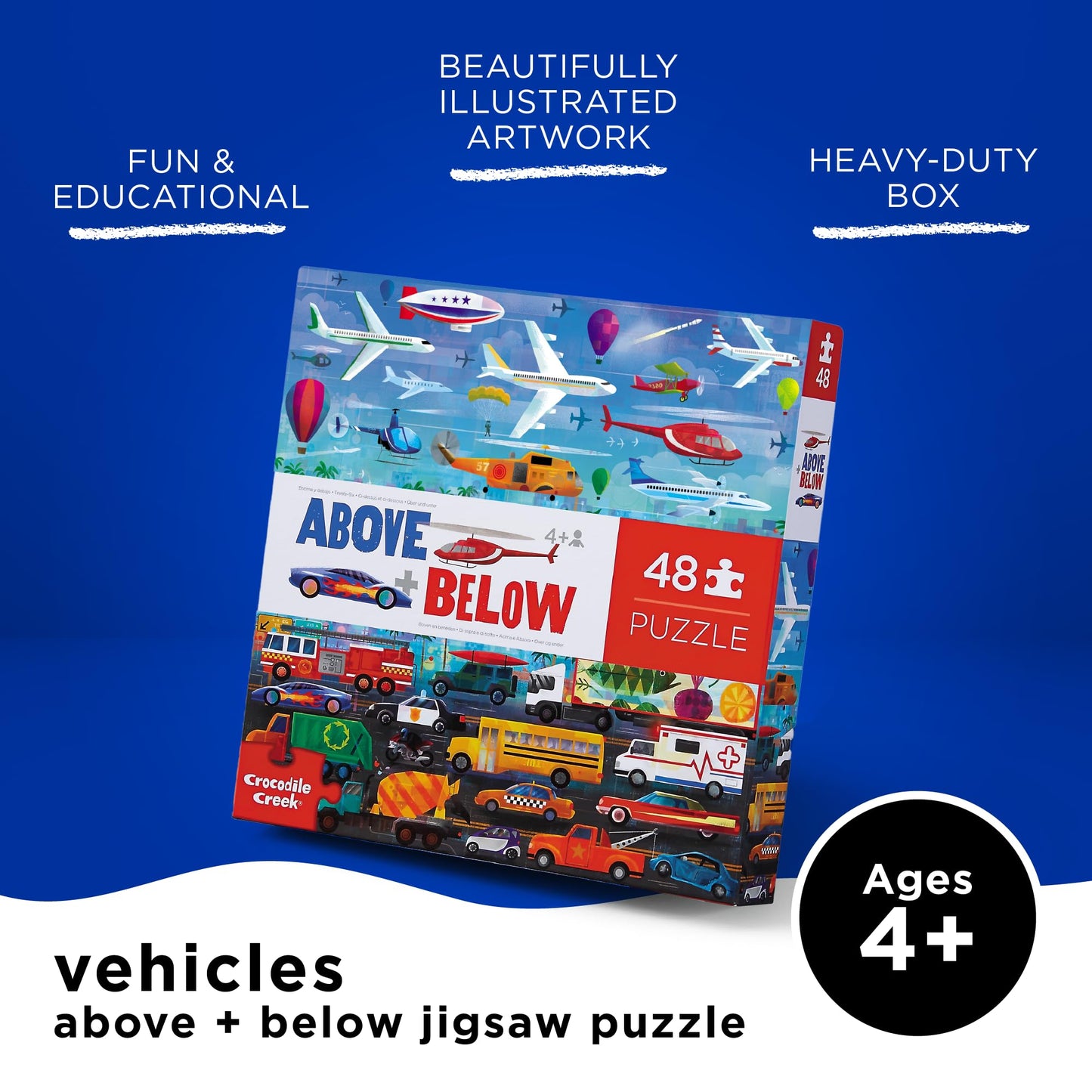 Crocodile Creek Above + Below 48-Piece Jigsaw Floor Puzzle - Fun Floor Puzzles for Kids Ages 4-8 - Vehicles - 27 x 20 inches Finished