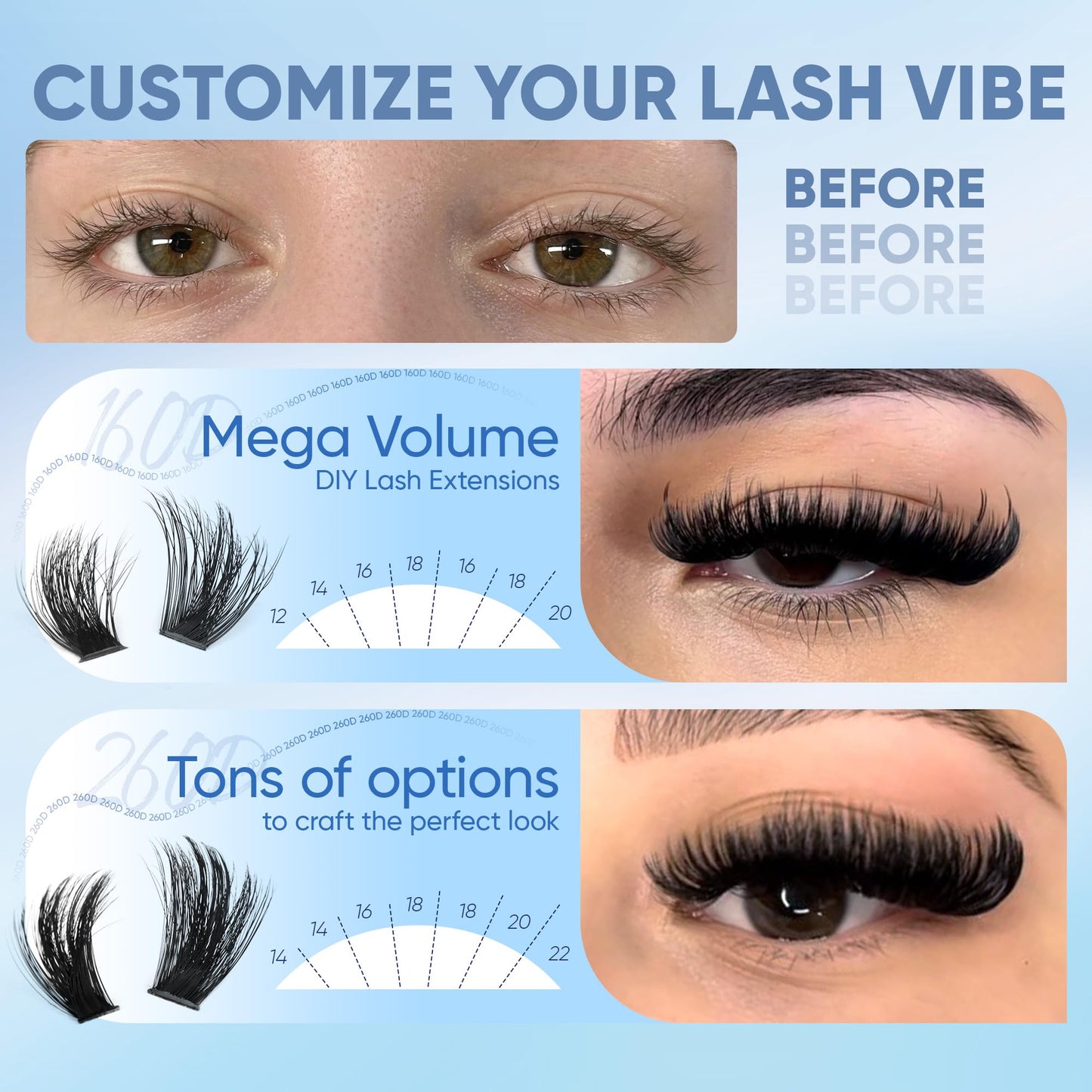 CORUSCATE Lash Clusters 160D+260D Eyelash Clusters 12-24mm Long Lash Extension Thick Cluster Eyelash Extensions Volume Strip Mink Lashes Cluster Beauty and Personal Care CORUSCATE
