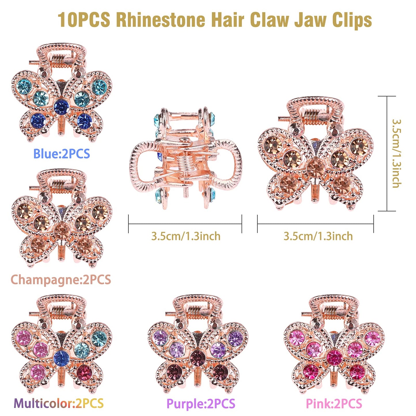 QXUJI 10PCS Rhinestone Hair Claw Jaw Clips, Crystal Metal No-slip Hair Grip Clamps, Mini Butterfly Bangs Clip Bow Hair Claw Gripper, for Women Girls