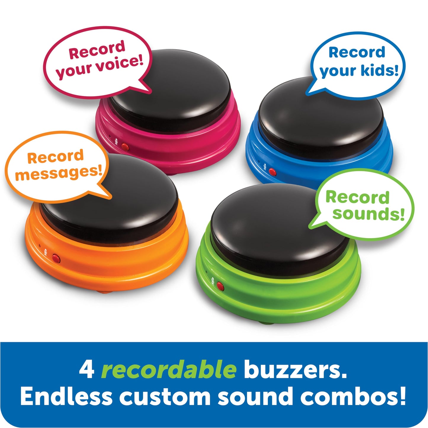Learning Resources Recordable Answer Buzzers | Set of 4 Sound Buttons for Kids Ages 3+ | Fun Family Game Show & Trivia Night Toy