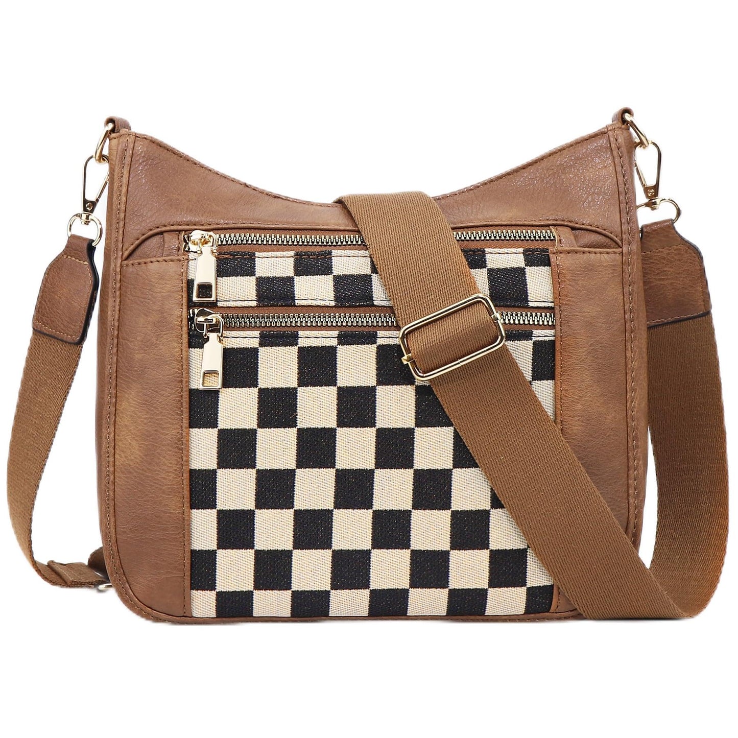 Duyijiff Checkered Crossbody Bags for Women Hobo Handbags Checkered Purse Trendy Crossbody Shoulder Purse (A01 Brown)