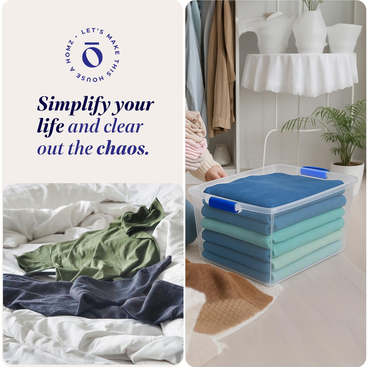HOMZ 4-Pack Secure Latch, Clear Plastic Storage Organizer Bins, 66 Quart, Blue Latches - Stackable Organizing Containers for Home, Garage, and Office