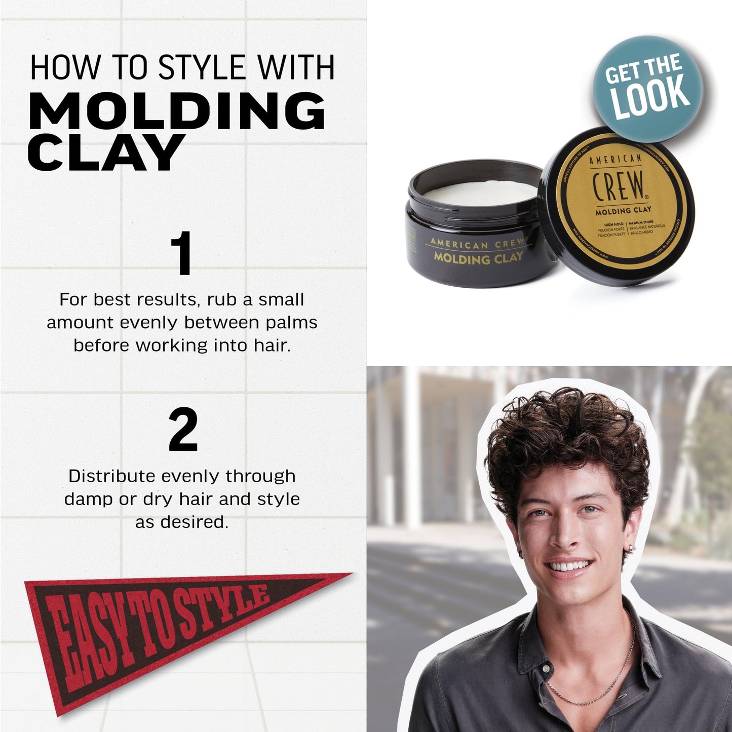 American Crew Men's Hair Molding Clay, Like Styling Gel with Strong Hold & Medium Shine, Stocking Stuffer for Him, 3 oz