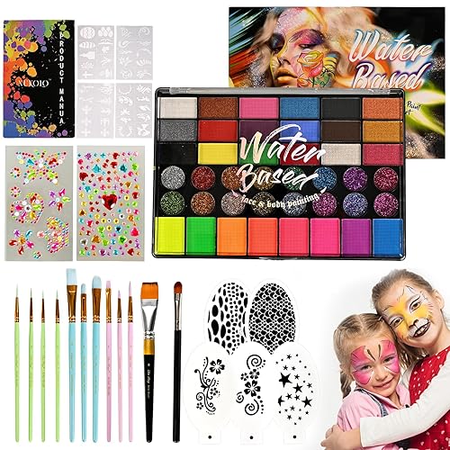 Ruihangda 42 Colors Face Painting Kit for Kids, Non Toxic Water Based Face Body Paint with Brushes, Stencils, Sponges, Gem Stickers, Washable Makeup