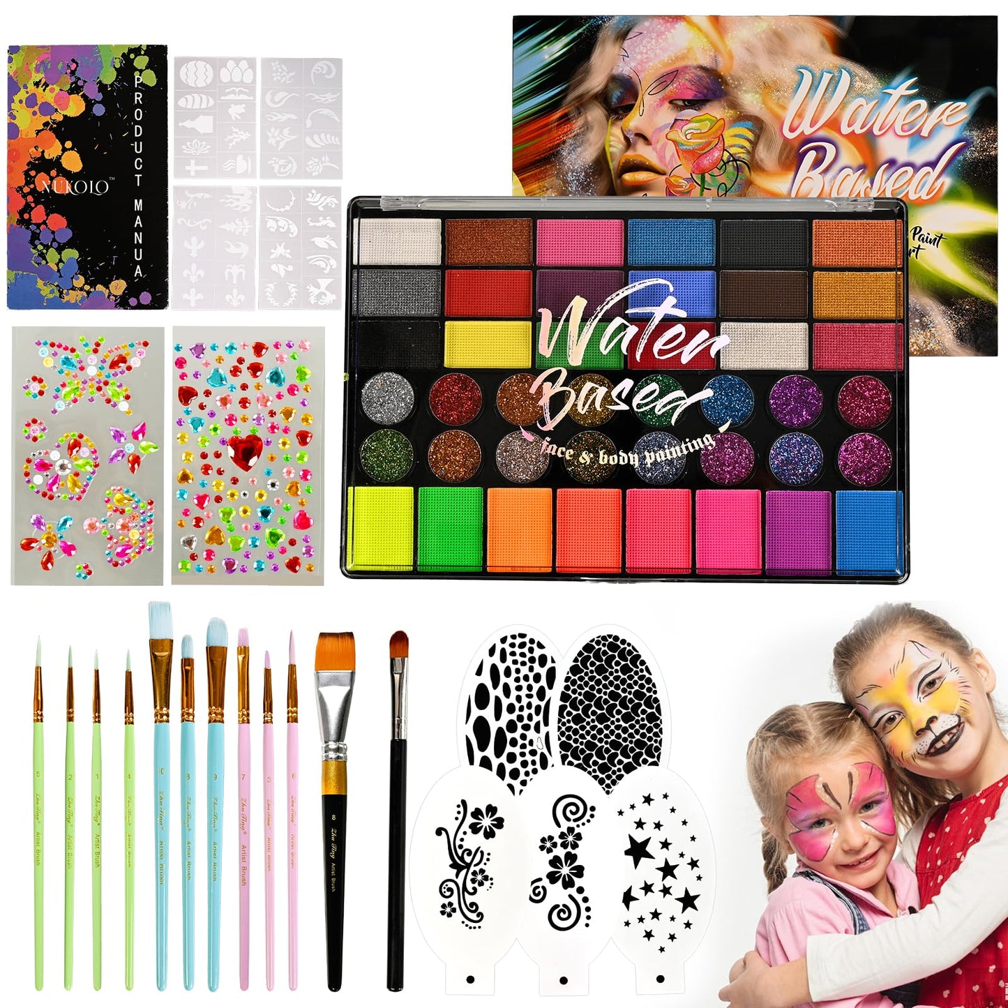 Ruihangda 42 Colors Face Painting Kit for Kids, Non Toxic Water Based Face Body Paint with Brushes, Stencils, Sponges, Gem Stickers, Washable Makeup