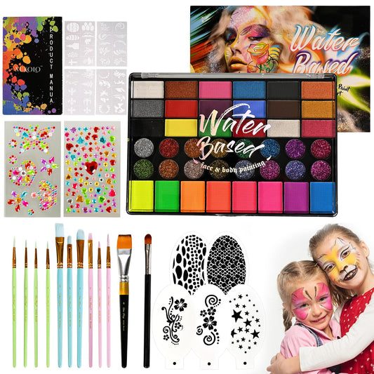 Ruihangda 42 Colors Face Painting Kit for Kids, Non Toxic Water Based Face Body Paint with Brushes, Stencils, Sponges, Gem Stickers, Washable Makeup Beauty & Personal Care Ruihangda