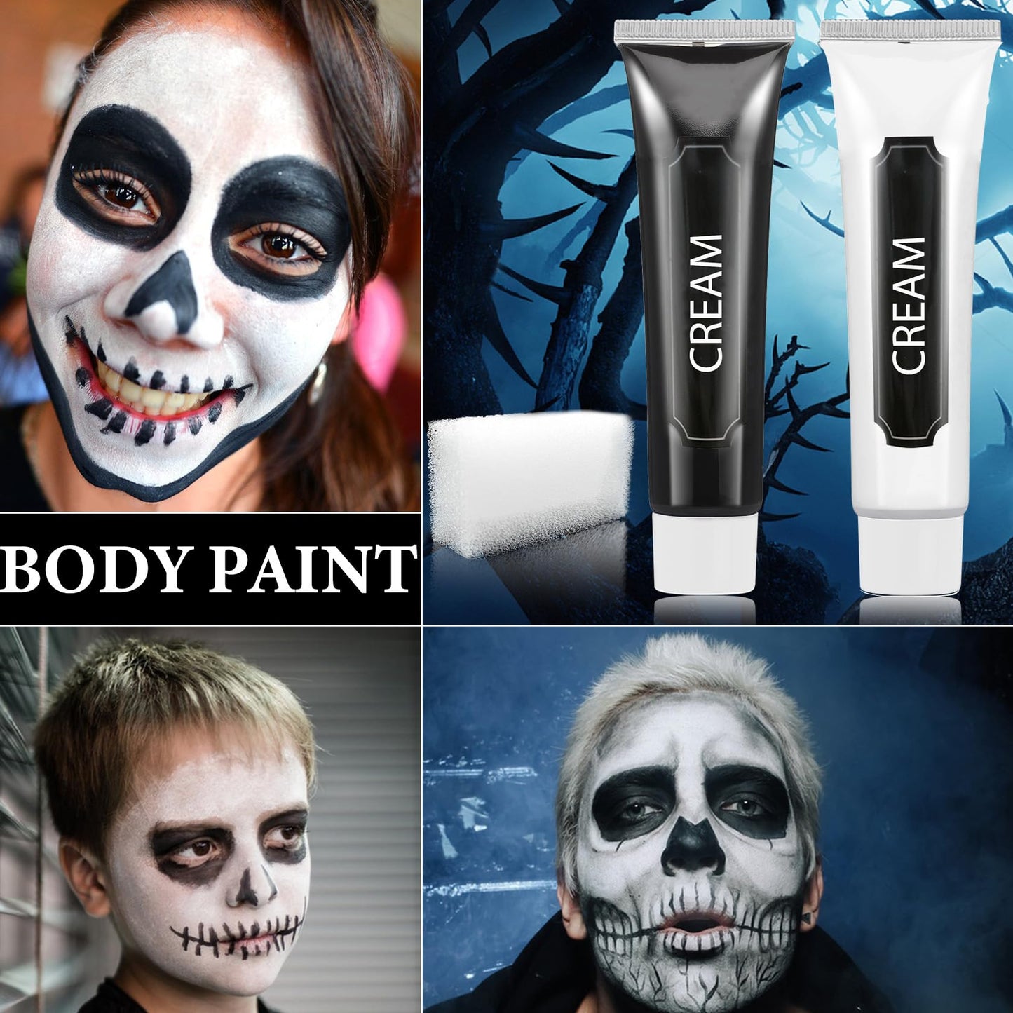 WENJLYJ 2 PCS Black White Cream Face & Body Paint Set, Halloween SFX Makeup Kit, Professional Face Painting Kit for Zombie Skeleton Cosplay Clown
