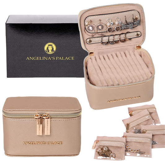 Angelina's Palace Jewelry Organizer Case Bridesmaid Gifts Travel Bag Vegan Leather Box for Necklace Earring Bracelet Ring(champagne)