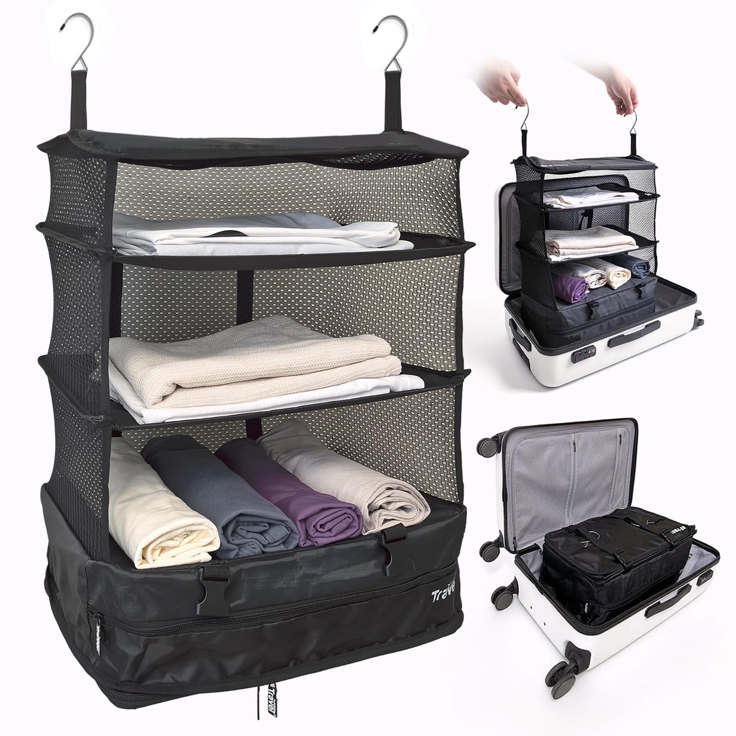 Grand Fusion Stow-N-Go Travel Luggage Organizer XL – Portable Hanging Packing Cubes & Carry-On Closet Organizer for Cruises & Hotels, Black