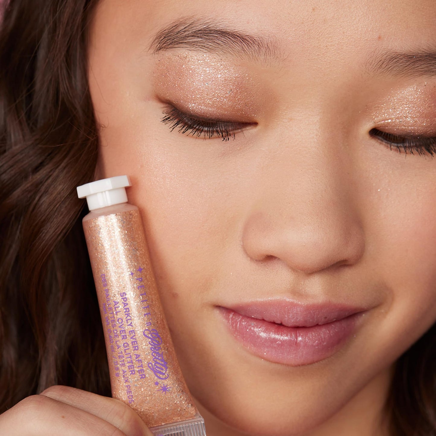 Petite N Pretty Glitter Makeup Set - Shimmering for Eyes, Cheeks, and Body - Glow Up Stick & All-Over Glitter in Pink Sherpa Bag for Kids, Teens