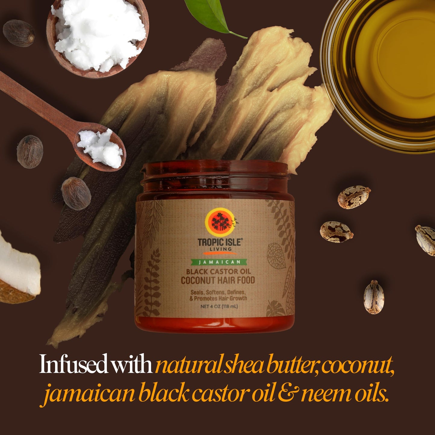 Jamaican Black Castor Oil Coconut Hair Food 4 oz | Seals, Softens, Defines & Promotes Hair Growth | Traditional Handmade Jamaican Black Castor Oil