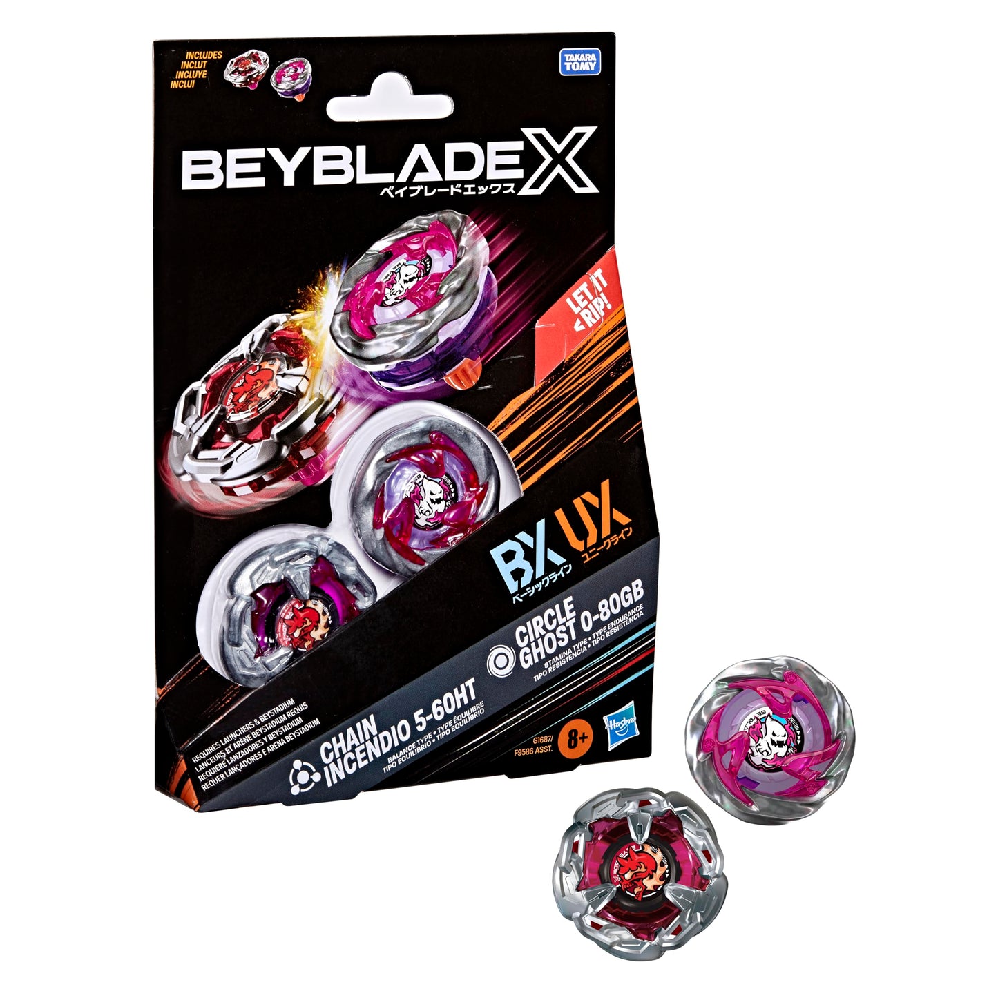 Beyblade X Circle Ghost 0-80GB UX & Chain Incendio 5-60HT BX Takara Tomy Dual Pack Set with 2 Right-Spinning Tops, Battling Tops Game Toys, Ages 8+