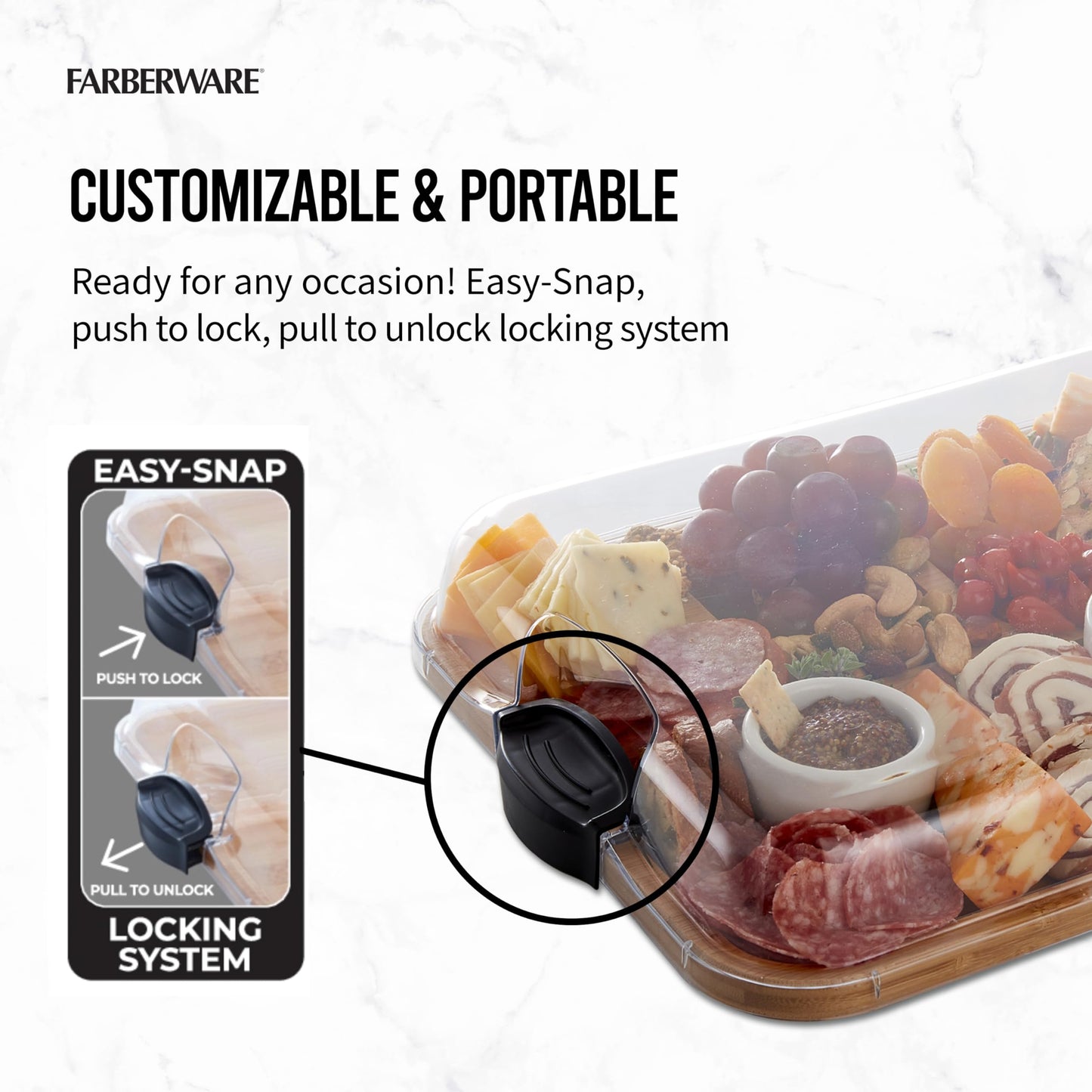 Farberware Build-A-Board Bamboo Cutting Board with Built-In Compartments & Clear Locking Lid, Black Handles - Charcuterie, Snack Tray, Food Prep…