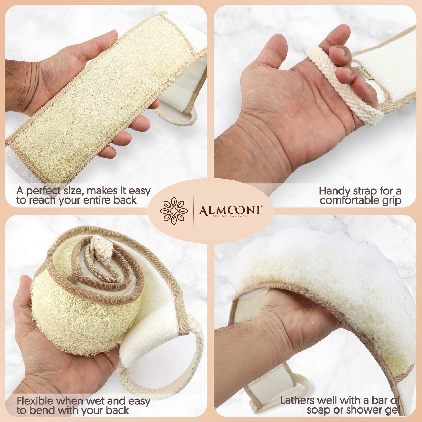 Almooni Natural Egyptian Loofah Back Scrubbers for Use in Shower, Exfoliating Natural Loofah Back Scrubber for Shower for Men and Women to Clean Your