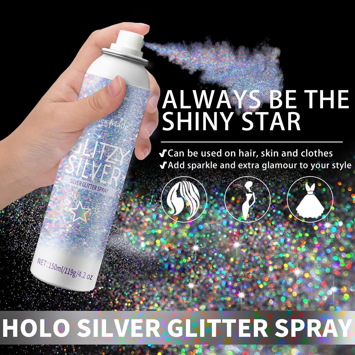Elitles Made Hair Glitter Body Glitter Spray, 150ML Glitter Hairspray Holographic Silver Glitter Spray for Hair and Body, Hair Glitter for Kids Women
