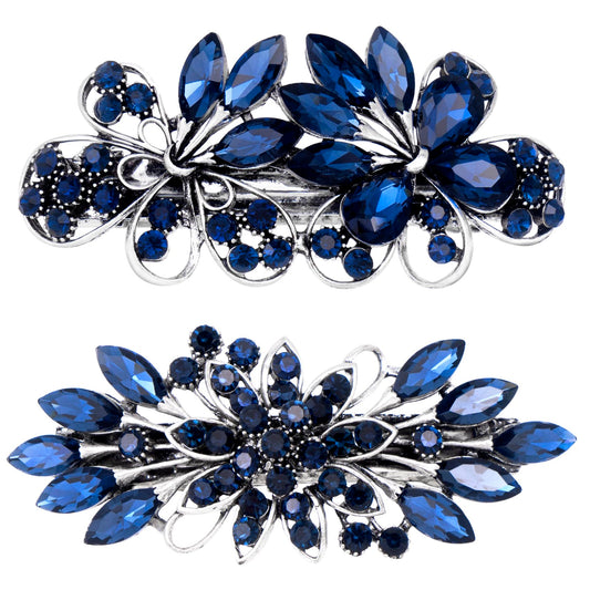 CustomyLife 2pcs 3.35inch Vintage Crystal Hair Barrettes, Sapphire Blue Bun Updo Hair Clips, Sparkly Rhinestone French Wedding Prom Formal Hair