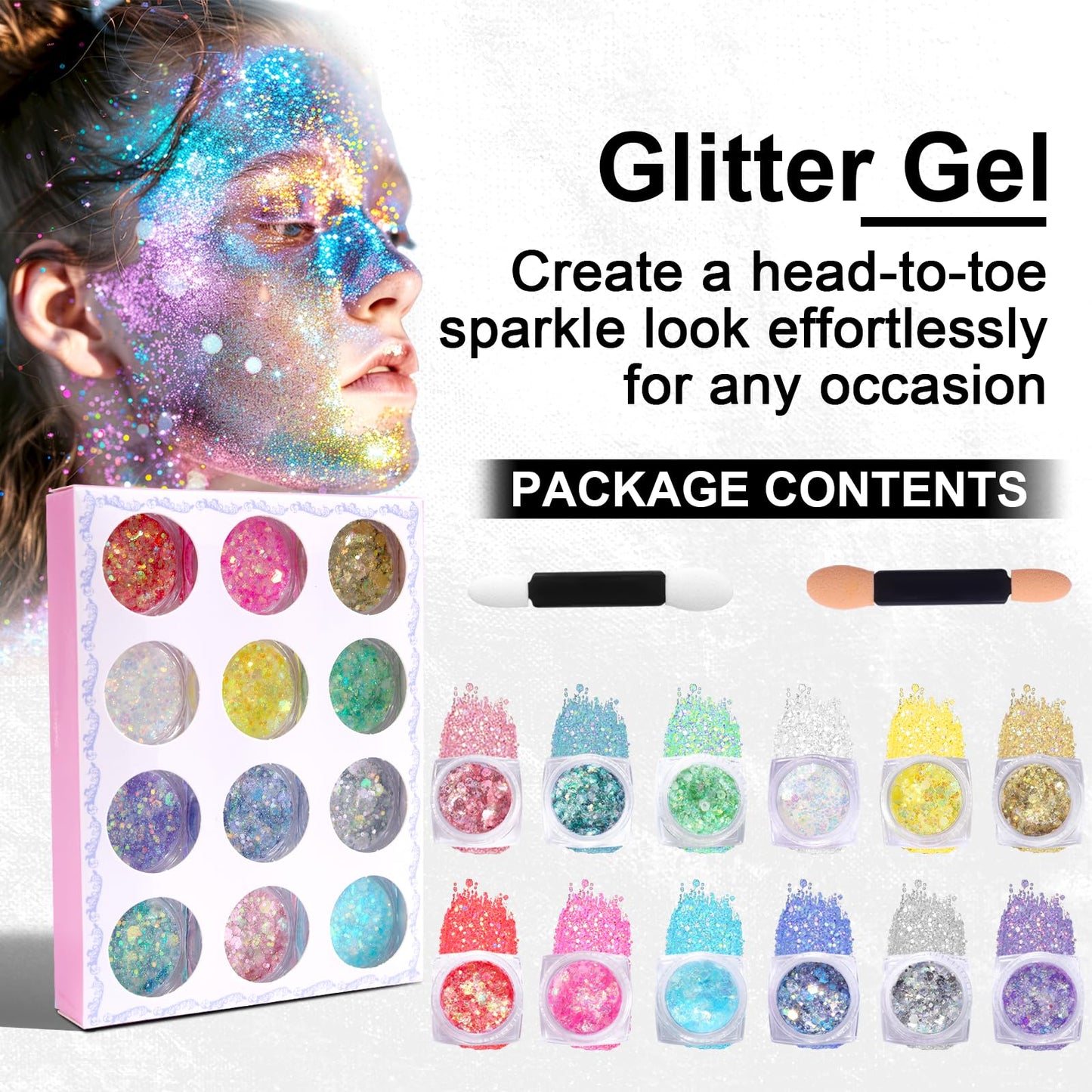 12 Colors Glitter Gel for Face, Body, Hair & Nails Makeup for Festival, Halloween, Party, Cosplay Easy to Apply & Wash Off Women, Teens & Kids