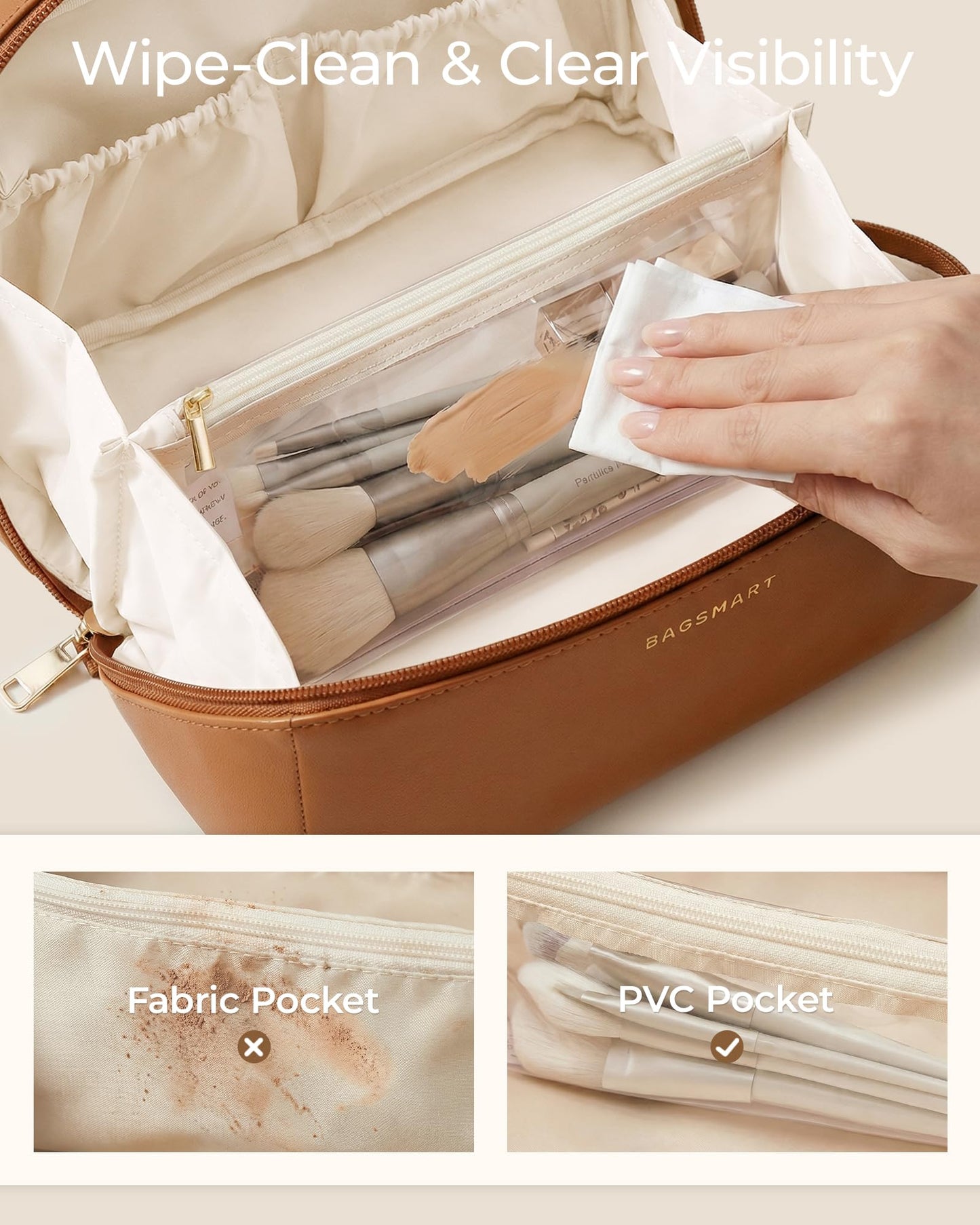 BAGSMART Makeup Bag Travel Cosmetic Bag, Large Make Up Bag Flat Open Toiletry Bag for Women, PU Leather Travel Essentials Organizer Case, Wide-open Beauty and Personal Care BAGSMART