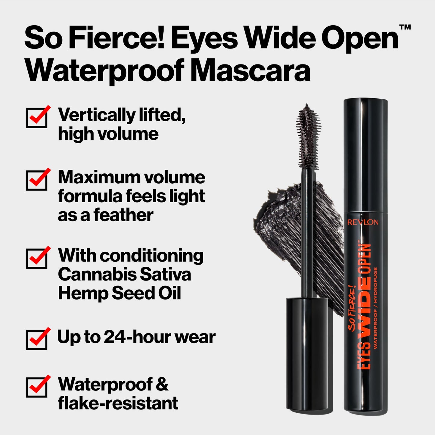 Revlon So Fierce Eyes Wide Open Mascara with Push-up Brush, For Volumizing & High Lifting Eyelashes, Smudge-proof, Flake Resistant, 104 Waterproof