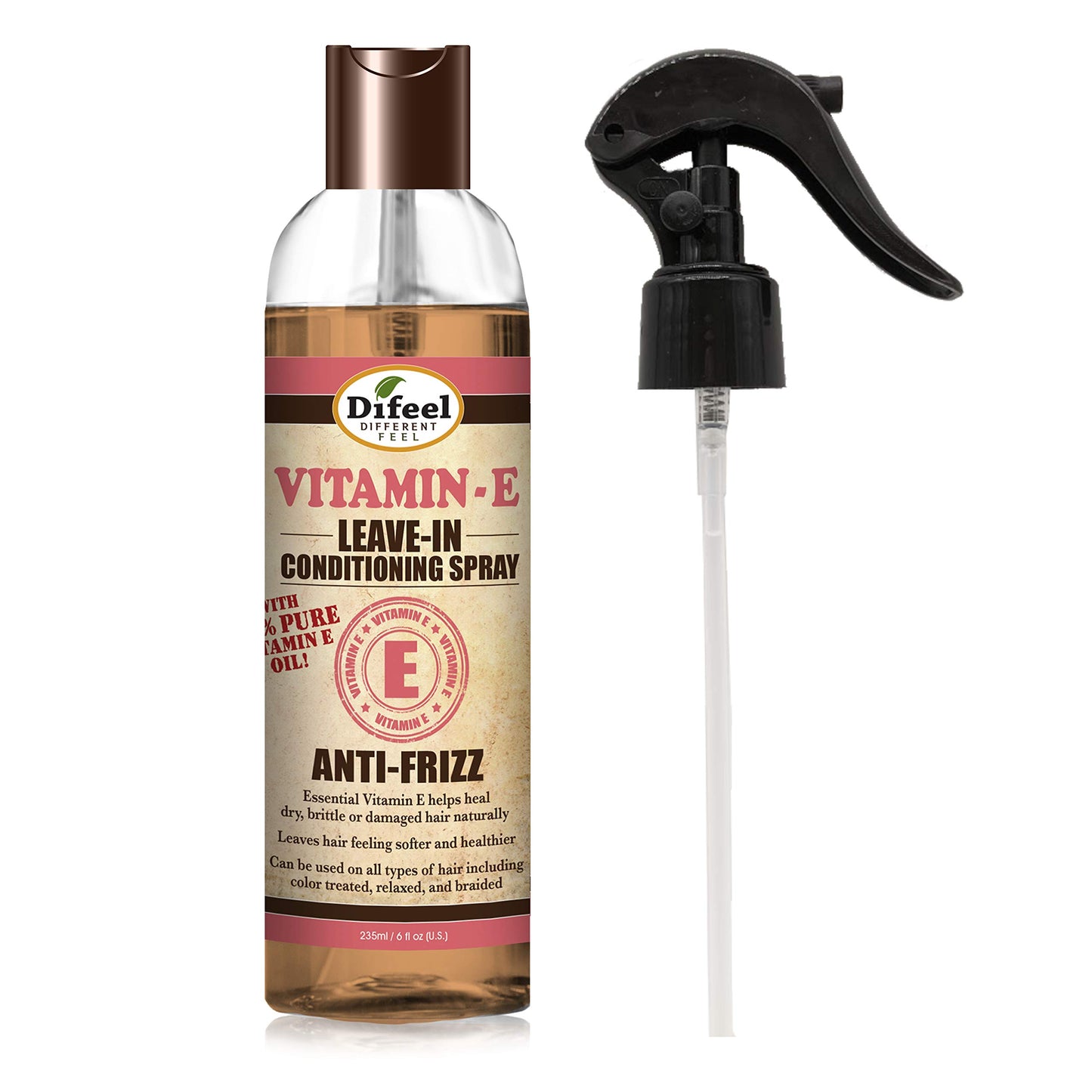 Difeel Anti-Frizz Leave in Conditioning Treatment - 100% Pure Vitamin E Oil 6 oz. with Spray Cap & Dispensing Cap