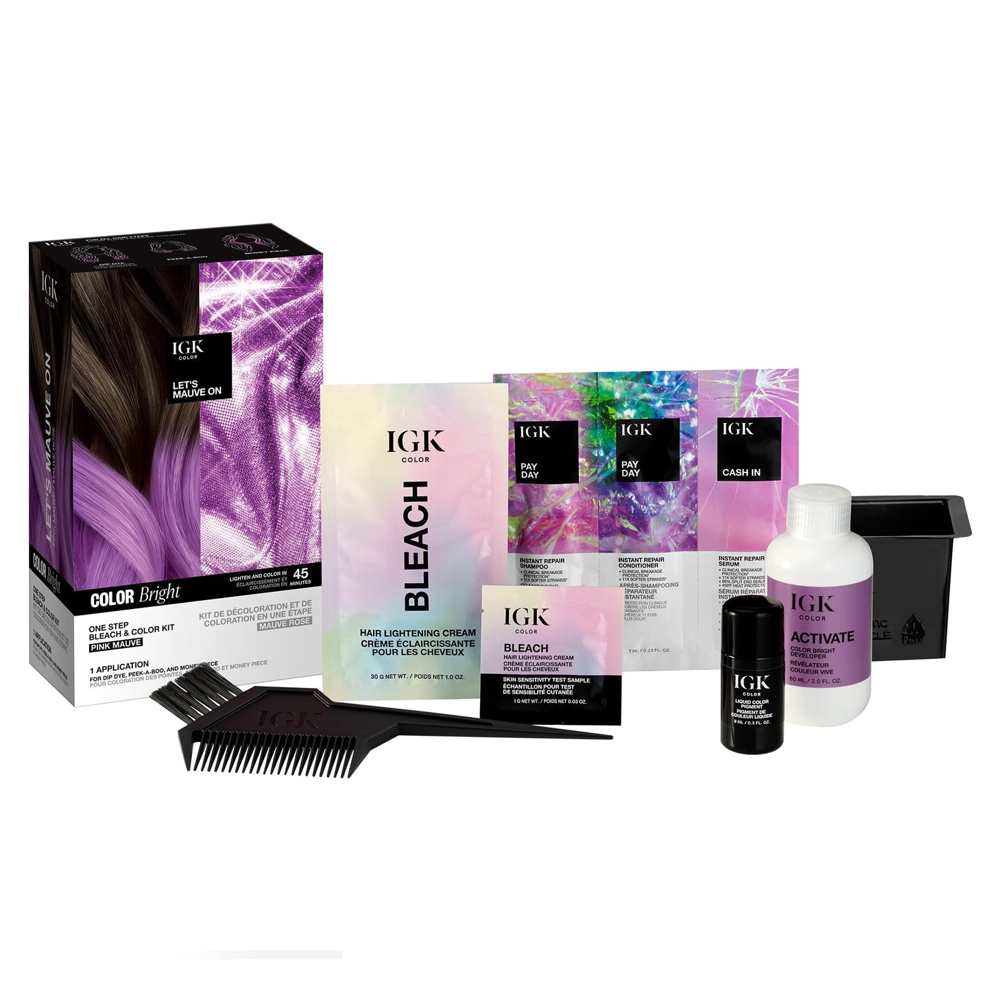 IGK Color Bright One Step Bleach & Color Kit for Accent Pieces LET'S MAUVE ON - Pink Mauve | One-Step Color Processing + Replenishes + Hydrates |