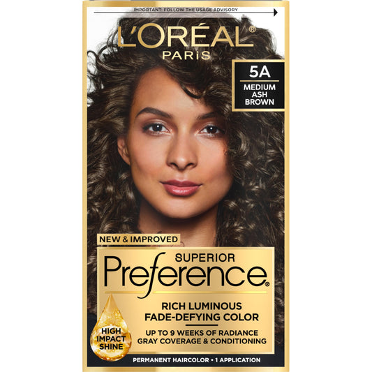 L'Oreal Paris Superior Preference Luminous Fade-Defying Permanent Hair Color, Hair Dye For Up to 9 Weeks of Radiance, Medium Ash Brown 5A, 1 Hair Dye