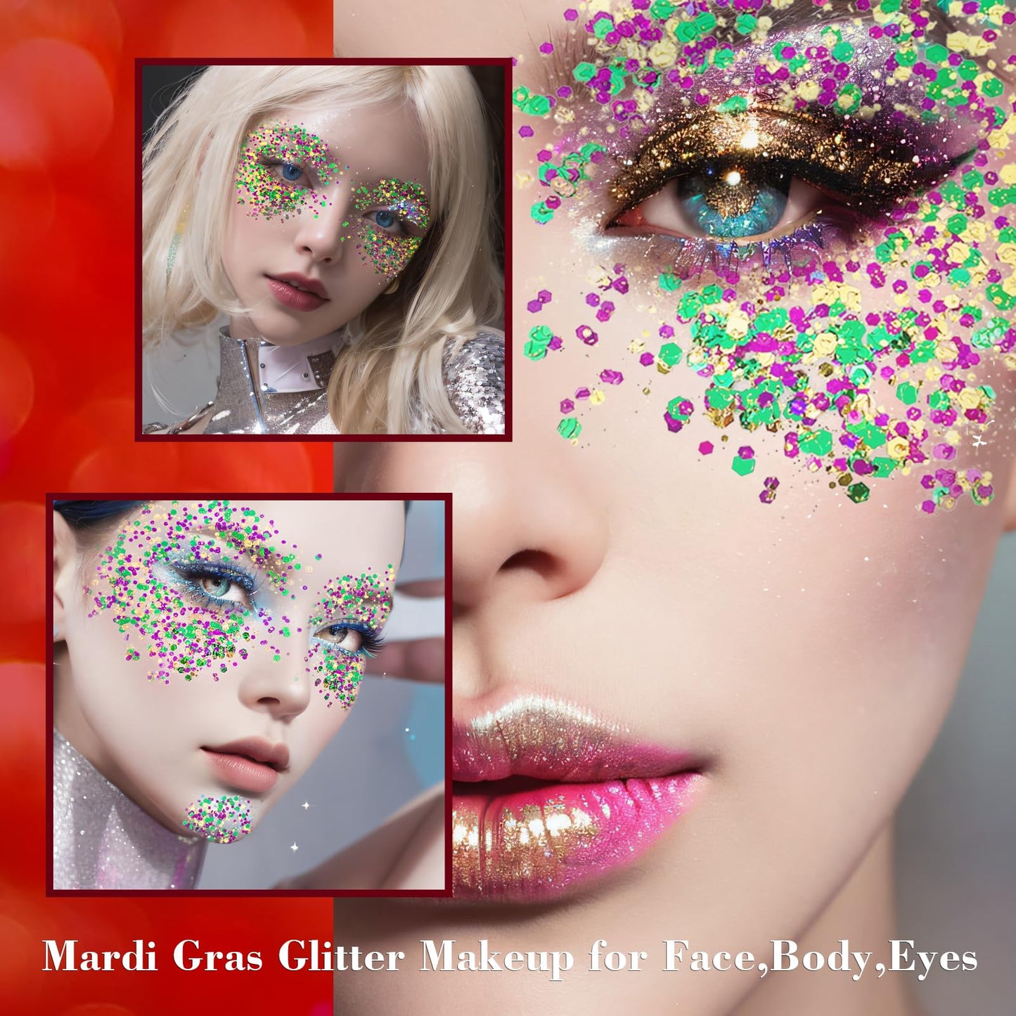 Mardi Gras Face Glitter,Festival Rave St Patricks Day Accessories Body Glitter for Face Body Hair,Gold Green Purple Mixed Chunky Glitter