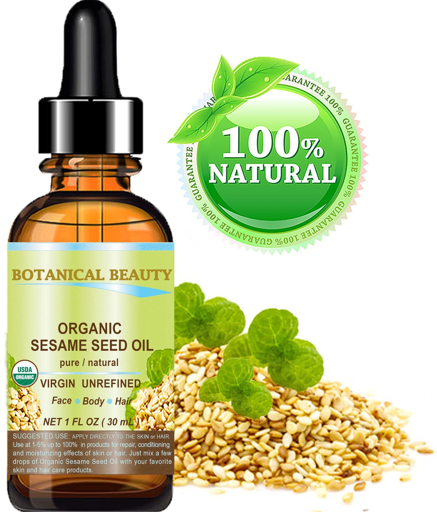 Botanical Beauty Organic SESAME SEED OIL 100% Pure Natural Virgin Unrefined Undiluted Cold Pressed Carrier Oil for Face, Skin, Body, Hair, Massage