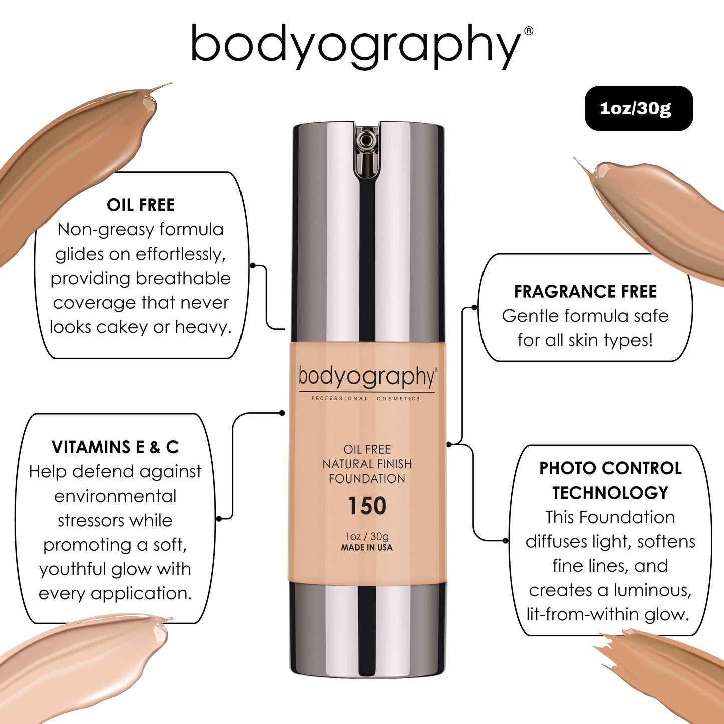 BODYOGRAPHY - NATURAL FINISH Foundation (Light #130): Oil-Free Anti-Aging Salon Natural Finish w/ Vitamin E, C, Antioxidants | Vegan, Gluten-Free