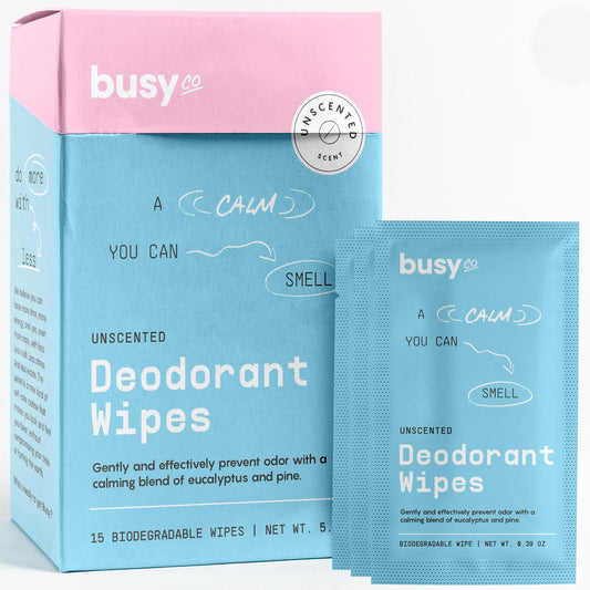 Calm Line Deodorant Wipes - 15ct Unscented Deodorant for Women w/Zinc, Prebiotics & Papaya - Individually Wrapped - Sweat Wipes for Gentle Beauty and Personal Care BUSYCO